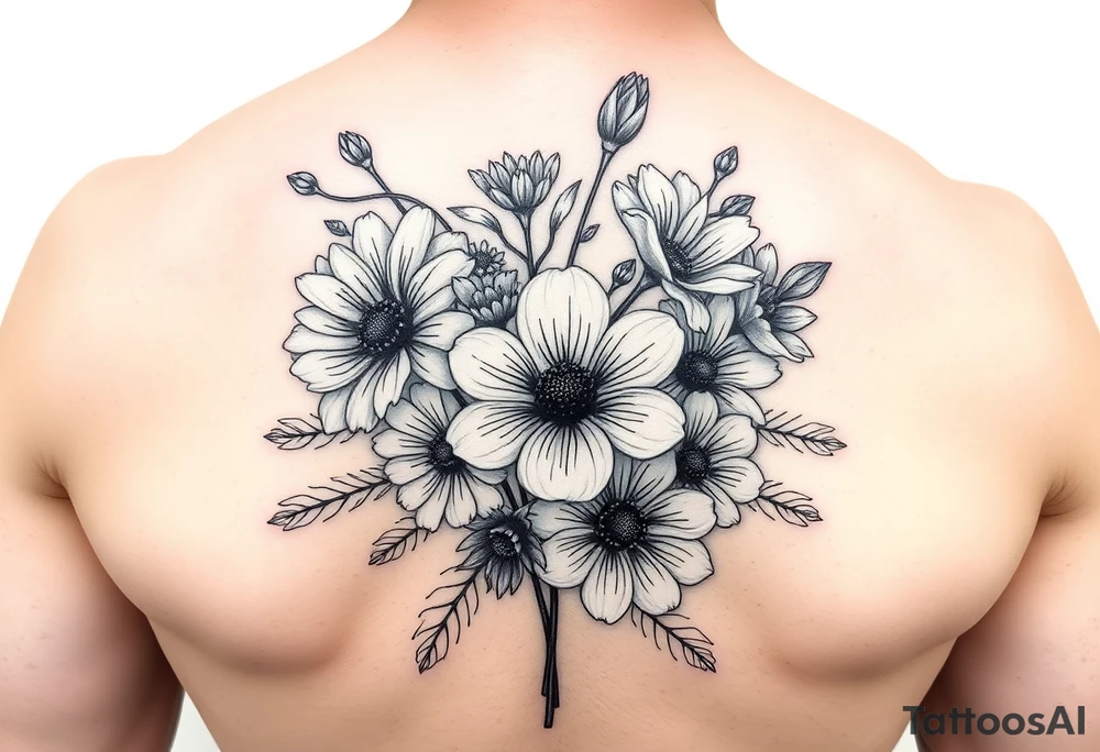 Chrysanthemum, Cosmos, snow drops, roseflower bouquet tattoo idea
