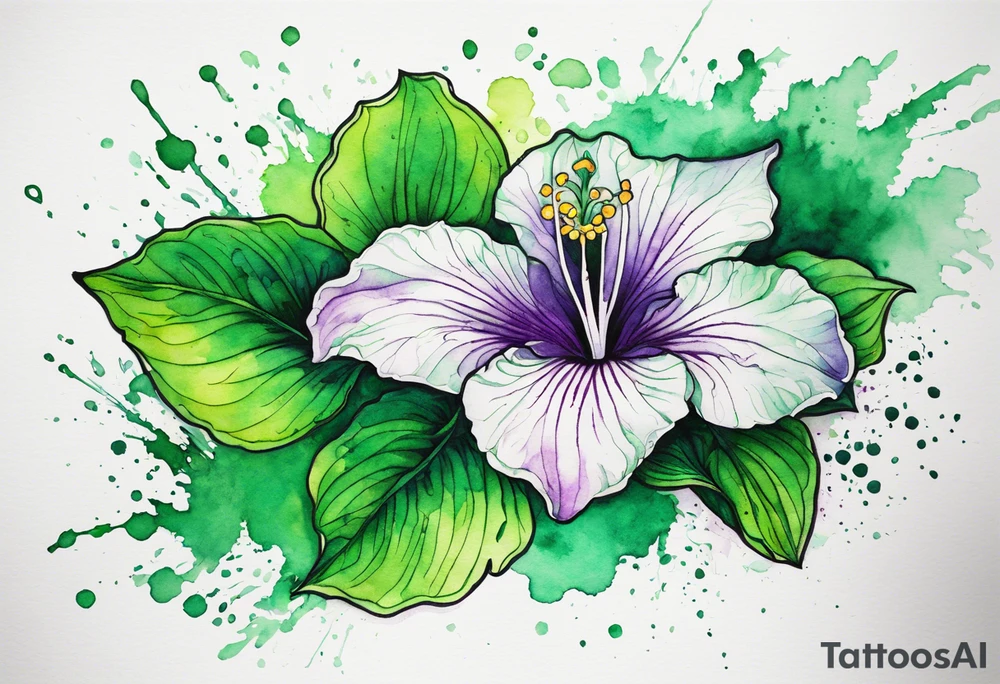An outline of an only green rio dipladenia flower and a green and purple watercolor splash in the background tattoo idea