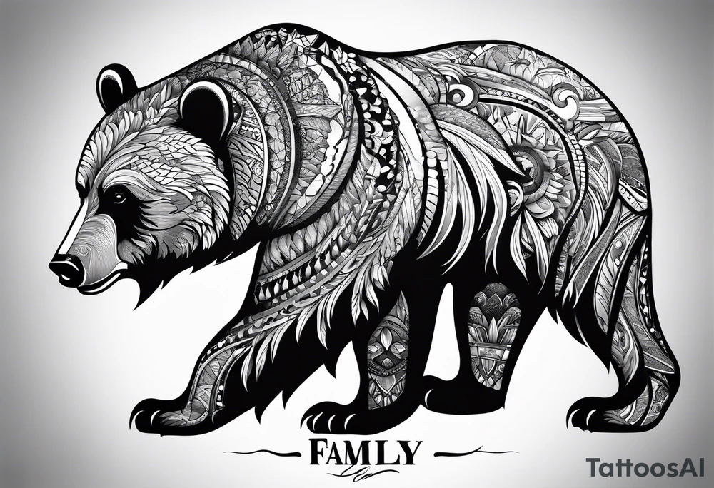 Powerful bear with the word family written tattoo idea