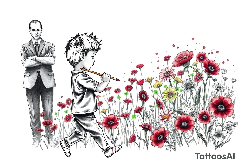 Concept:
A child holding a paintbrush, painting a field of flowers. The flowers are initially all red and green, but as the child moves forward, a burst of multicolored flowers begins to bloom, symbolizing creativity and breaking free from rigid rules. Behind the child, a shadowy figure (representing the strict teacher in the song) watches with crossed arms. The phrase "There are so many colors in the rainbow" could be subtly written in the design, blending into the artwork. tattoo idea