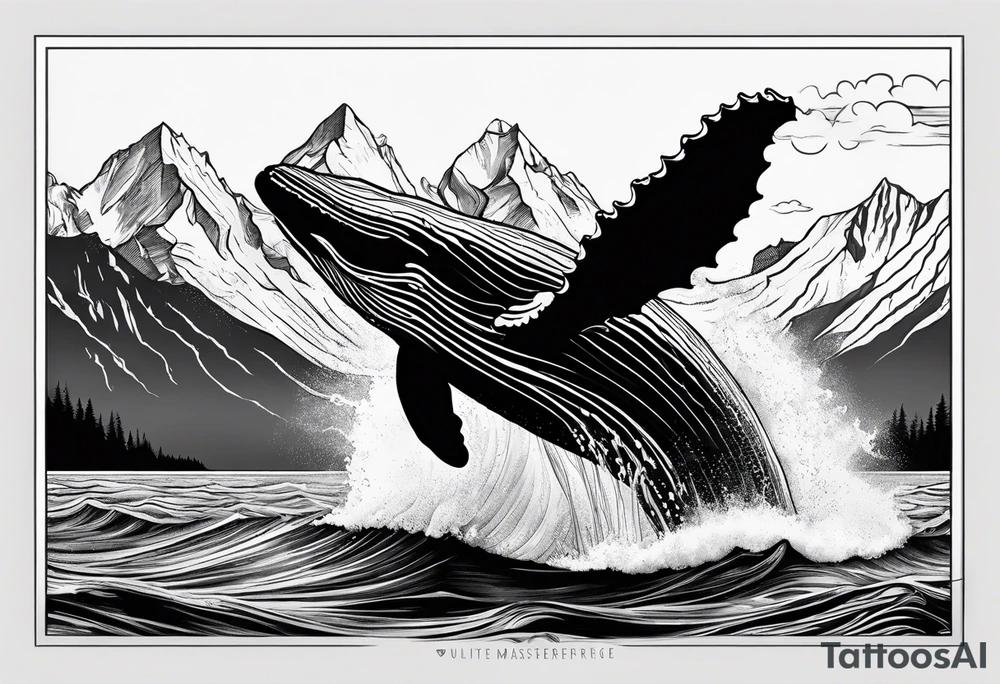 breaching humpback whale with a drawing of the Teton mountains  behind it tattoo idea