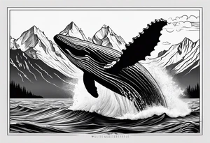breaching humpback whale with a drawing of the Teton mountains  behind it tattoo idea