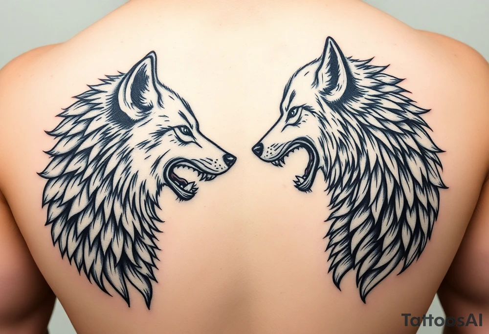 Man and woman facing each other both transforming into wolves tattoo idea