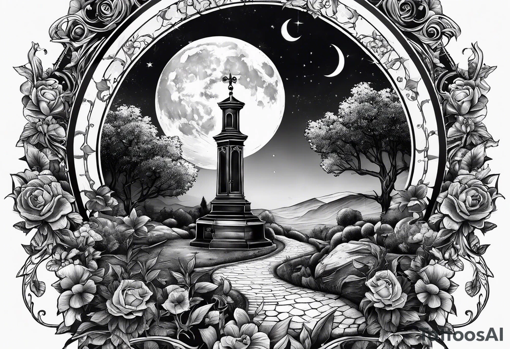 graveyard with moon and sundial tattoo idea