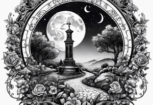 graveyard with moon and sundial tattoo idea