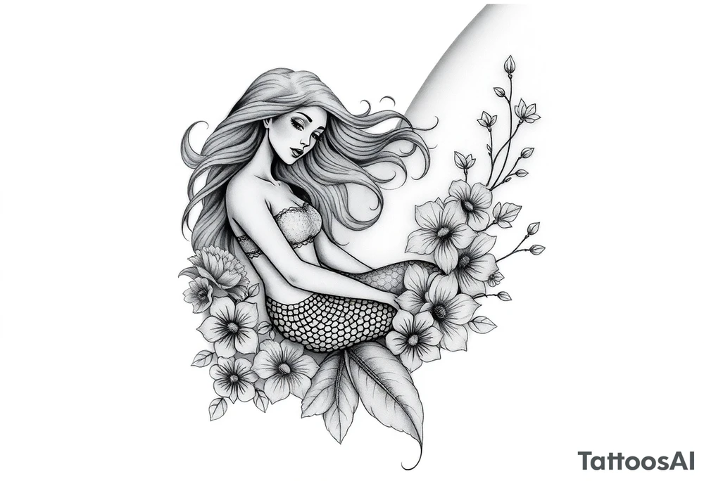 ethereal mermaid with flowing hair among coral and sea flowers tattoo idea