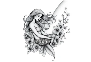 ethereal mermaid with flowing hair among coral and sea flowers tattoo idea