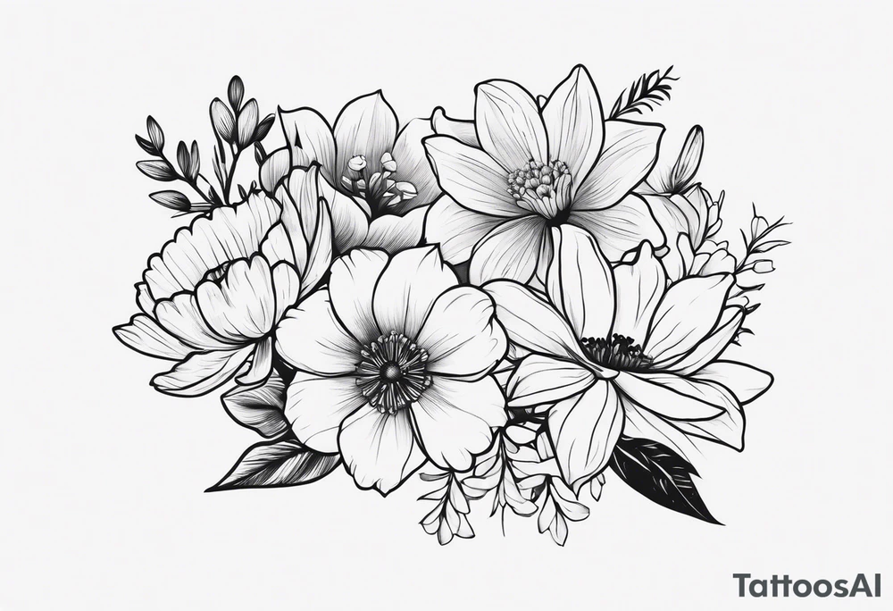 small minimalist black and white tattoo of a flower bouquet that MUST include 6 DIFFERENT flowers with ONE OF EACH: a carnation, a daffodil, a lily stock, a rose, a cosmos, and a chrysanthemum. tied together with a small bow tattoo idea