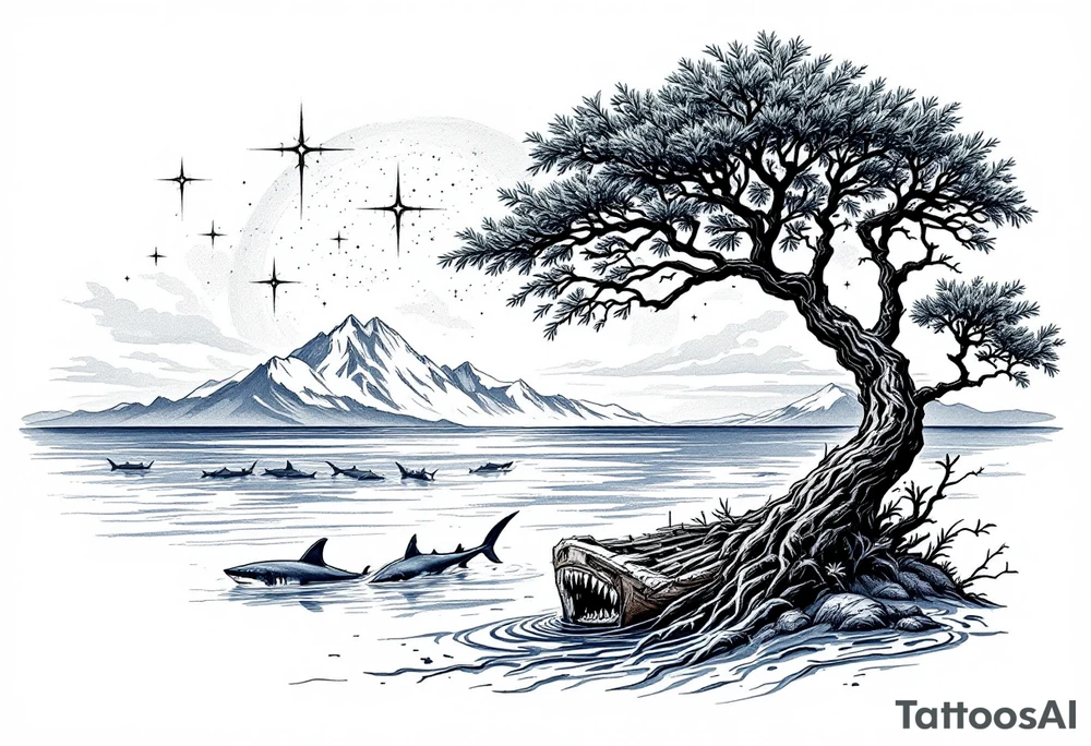 tattoo that has an acacia tree with mountains, ocean with a ship wreck with sharks and the northern star tattoo idea