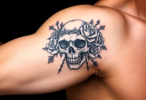 ornate skull adorned with crown of wild roses and thorns tattoo idea