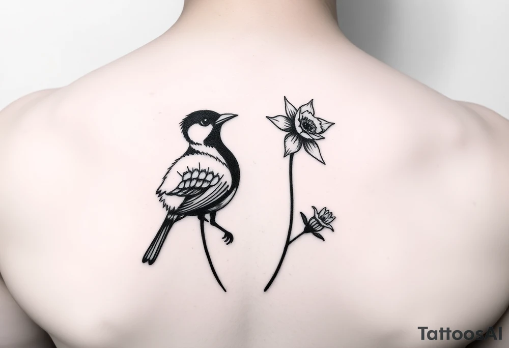 Small fantail bird with a poppy and a daffodil tattoo idea