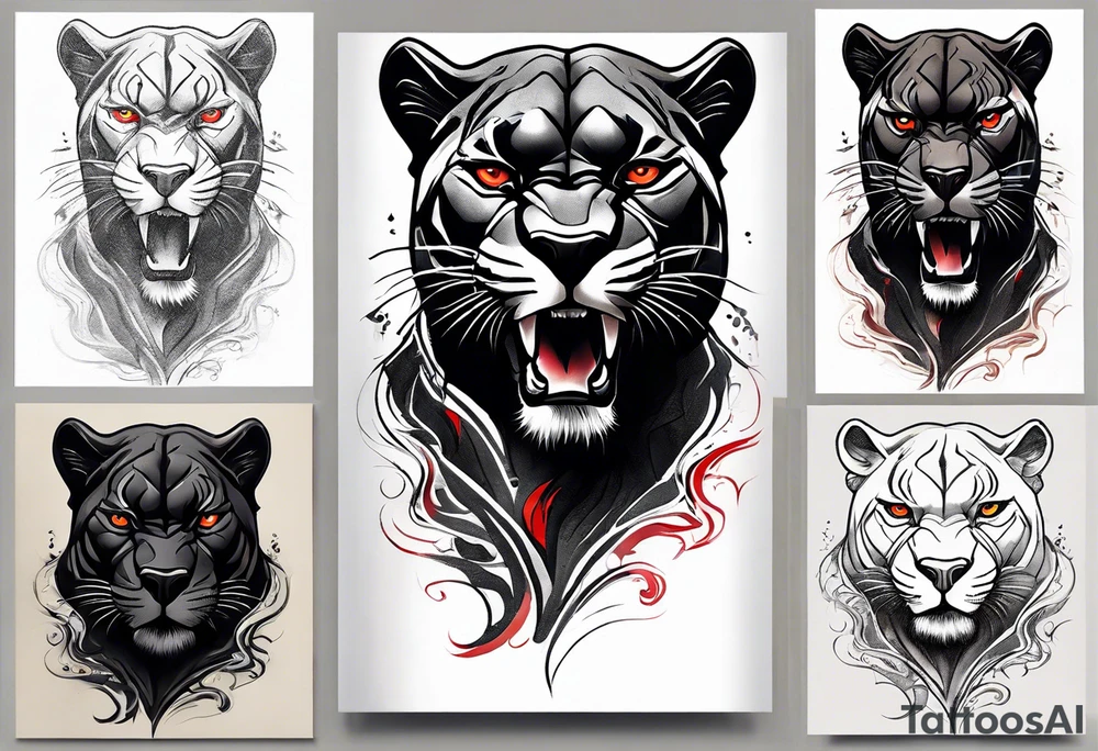 unique black panther tattoo, dynamic pose, showcasing its strength and grace, striking red eyes, intense and captivating elements, artistic flair, blending realism with abstract elements tattoo idea