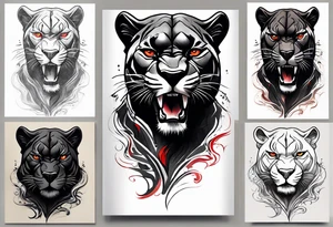 unique black panther tattoo, dynamic pose, showcasing its strength and grace, striking red eyes, intense and captivating elements, artistic flair, blending realism with abstract elements tattoo idea