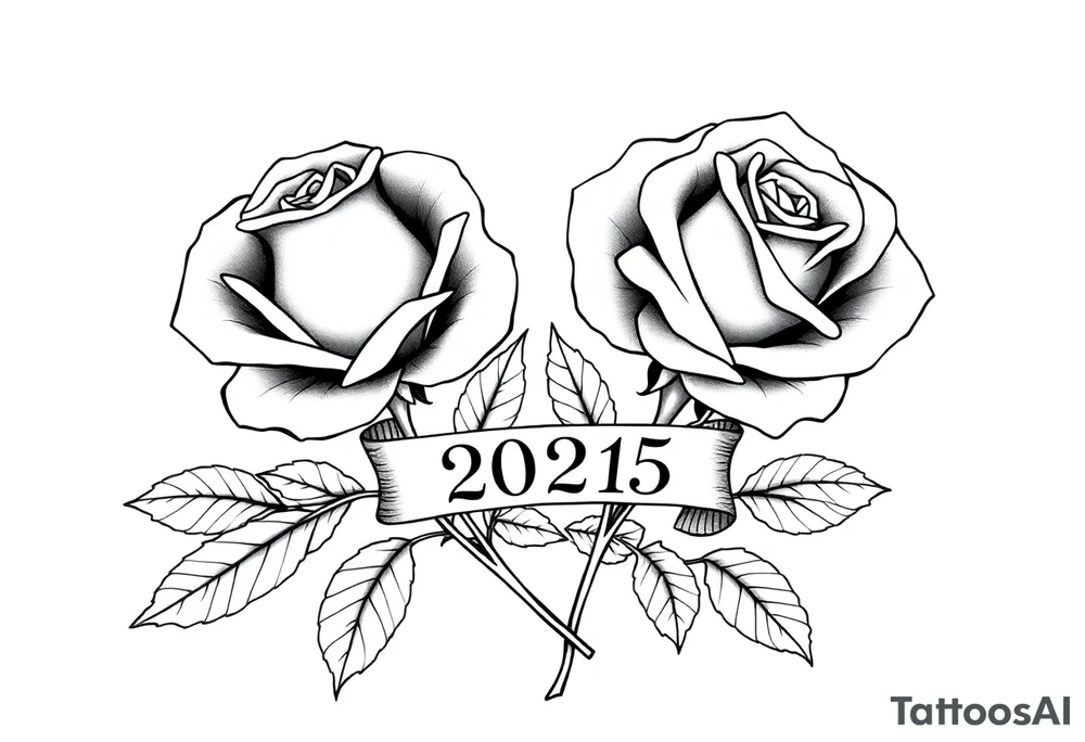 two beautiful large rose buds, one larger than the other, with many leaves next to the rose buds, with one sitting higher than the other. Include a banner connecting the two roses with the year "2025" on it.   Use dark outlines with little shading. The two stems should be short, not long, and connect and join into one stem, whimsically curved or twisted - not straight down. tattoo idea