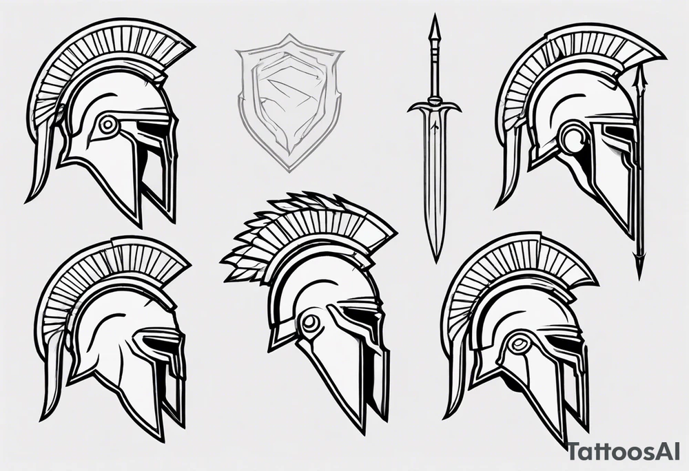 ultra-fine line linework vector of a spartan from the side, spartan spear, spartan shield, laurel wreath tattoo idea