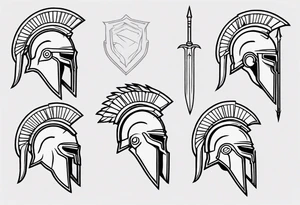 ultra-fine line linework vector of a spartan from the side, spartan spear, spartan shield, laurel wreath tattoo idea