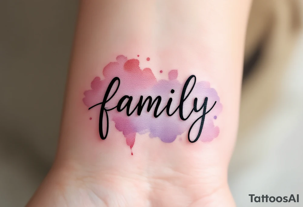 A watercolor splash in dusty rose and lavender behind the word family in sleek black ink. tattoo idea