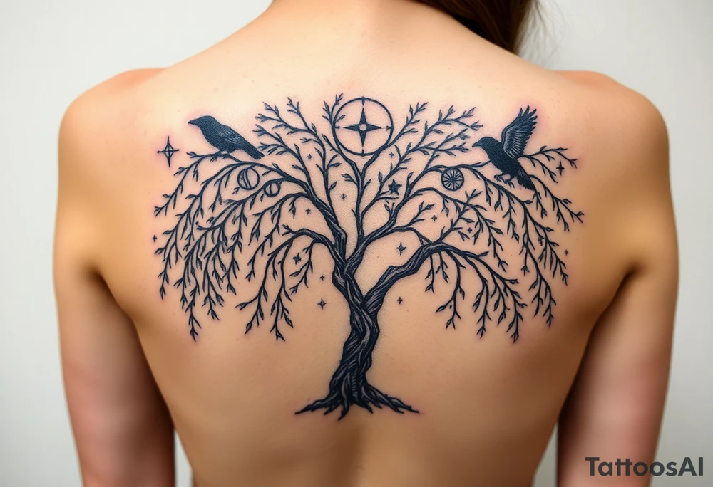 Weeping willow with starry sky background with zodiac constellations in it with runes and ravens tattoo idea
