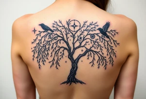 Weeping willow with starry sky background with zodiac constellations in it with runes and ravens tattoo idea