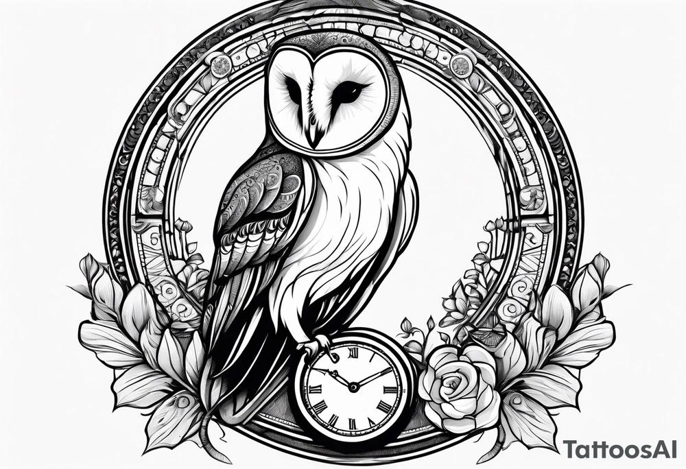 Barn owl holding a pocket watch with the time set at 1:43 tattoo idea