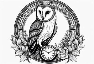 Barn owl holding a pocket watch with the time set at 1:43 tattoo idea