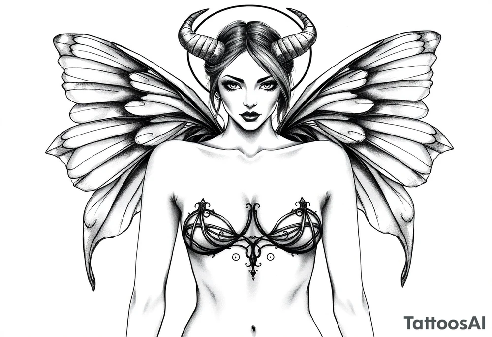 A powerful extremely sexy depiction of a start date with angel wings resembling that of a lunar moth and horns resembling the moths antennas with the son of of her head as if a Halo with two crescent men's off to each side full frontal nude with exotic see through lingerie with a sensual enticing glare tattoo idea