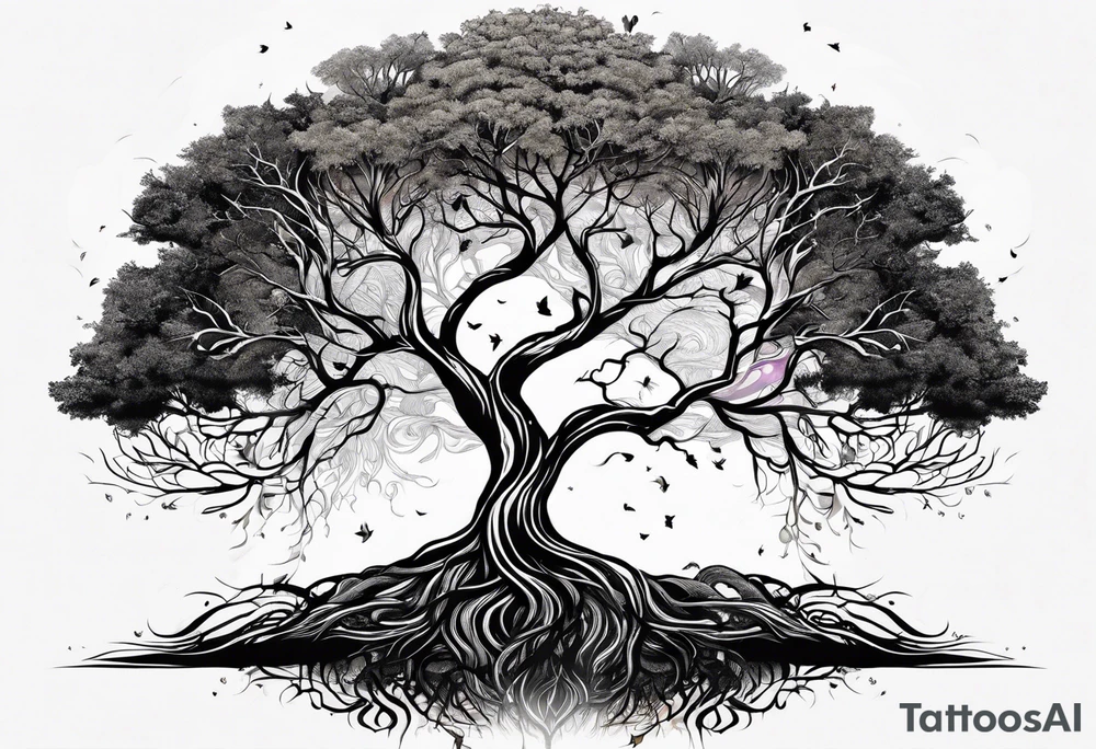 Tree of life with the roots going into a tigers stripes tattoo idea