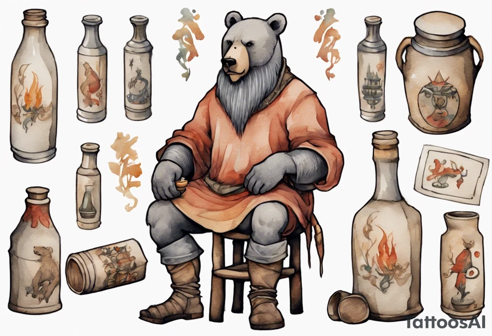 a medieval bear-human hybrid with a long grey beard wearing a tunic and boots, sitting on a stool by the tavern fireplace drinking from a clay bottle tattoo idea