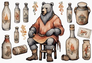 a medieval bear-human hybrid with a long grey beard wearing a tunic and boots, sitting on a stool by the tavern fireplace drinking from a clay bottle tattoo idea