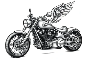 Low rider grey motorcycle, big muffler pipes with flames, angel wings, driving away, no person tattoo idea