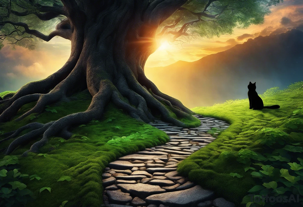 A winding uneven stone path, either side is mystical looking flora and tree roots, the path ends in a bundle of treee roots that turn into a galaxy. walking the path is a black sillouette of a man in a suit with a cat walking next to him, spread out randomly along the design are three other cat silhouettes hiding in the borders. at the very end of the path is a black silhouette of a woman in a dress holding an umbrella facing to her left. tattoo idea