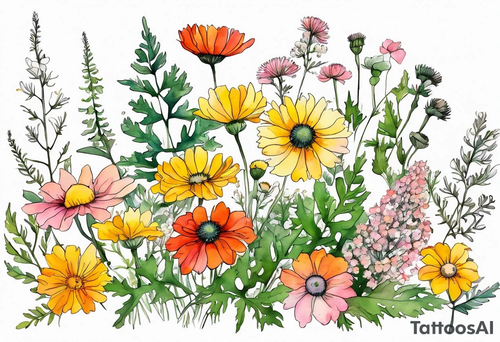 simple wildflowers cascading with thistles, ferns, white anemones, sun flowers, yellow flowers, red flowers, pink flowers, green flowers, buttercups, orange flowers, babys breath and daisies all in watercolor tattoo idea