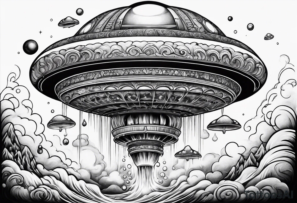 thin rocketship with a psychedelic mushroom top with fire coming out the bottom bursting out of bubble tattoo idea