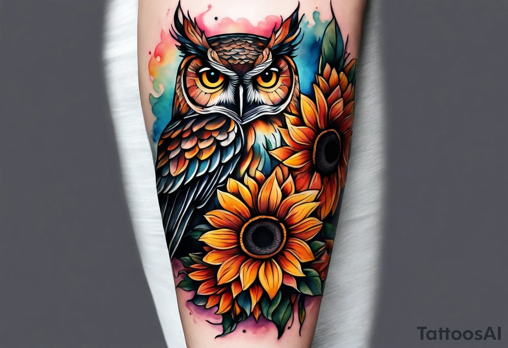 Arm sleeve with colorful sunflowers and an owl tattoo idea