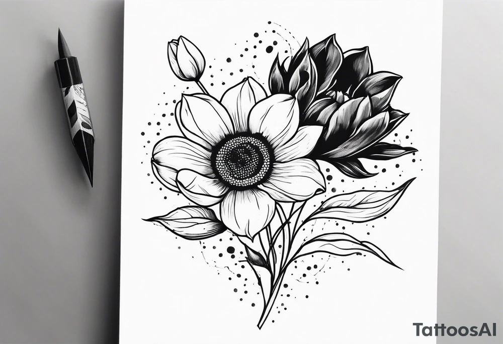 two tulips with a sunflower in the middle with some leaves and surrounded by some small dots tattoo idea