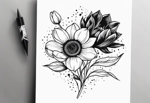 two tulips with a sunflower in the middle with some leaves and surrounded by some small dots tattoo idea