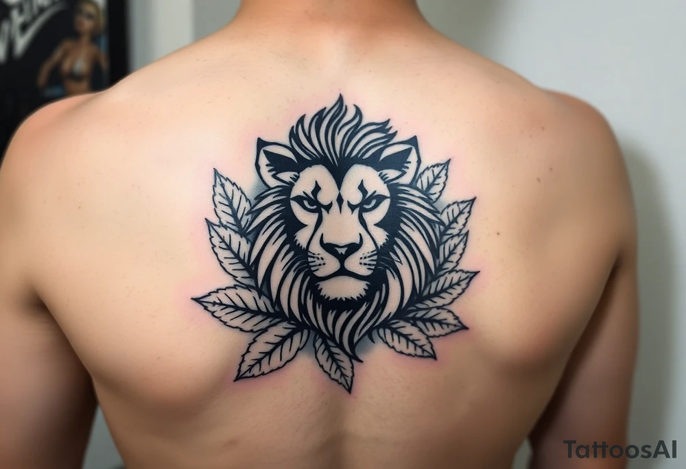 Lion abstract surrounded by leaves, black lines outlining shapes of the animal, fit onto an arm tattoo idea