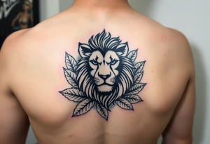 Lion abstract surrounded by leaves, black lines outlining shapes of the animal, fit onto an arm tattoo idea