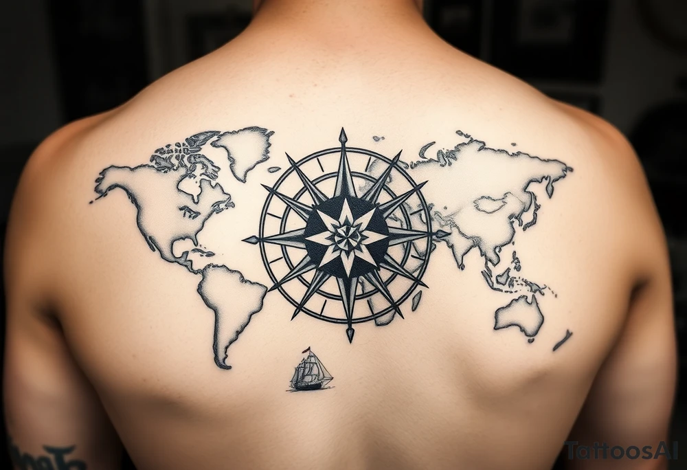 antique compass rose overlaid on weathered world map with sailing ships tattoo idea