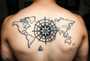 antique compass rose overlaid on weathered world map with sailing ships tattoo idea