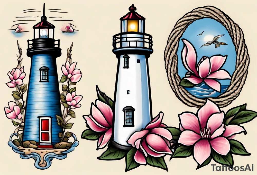 Sailor Jerry tattoo of a light house bordered by magnolia flowers and rope. Behind the light house is a periwinkle blue cancer awareness ribbon tattoo idea