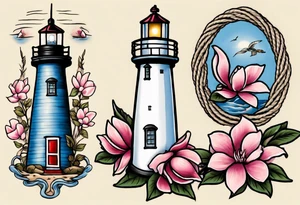 Sailor Jerry tattoo of a light house bordered by magnolia flowers and rope. Behind the light house is a periwinkle blue cancer awareness ribbon tattoo idea