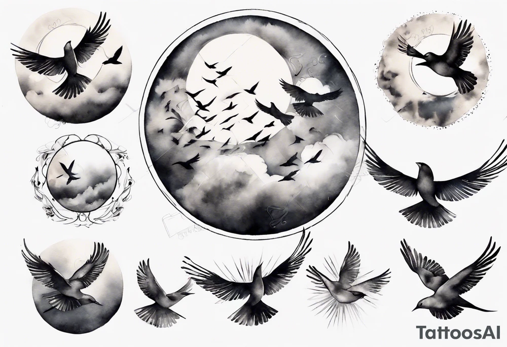 shoulder tattoo with light rays with birds flying free among the clouds, round shape, 3d effect tattoo idea