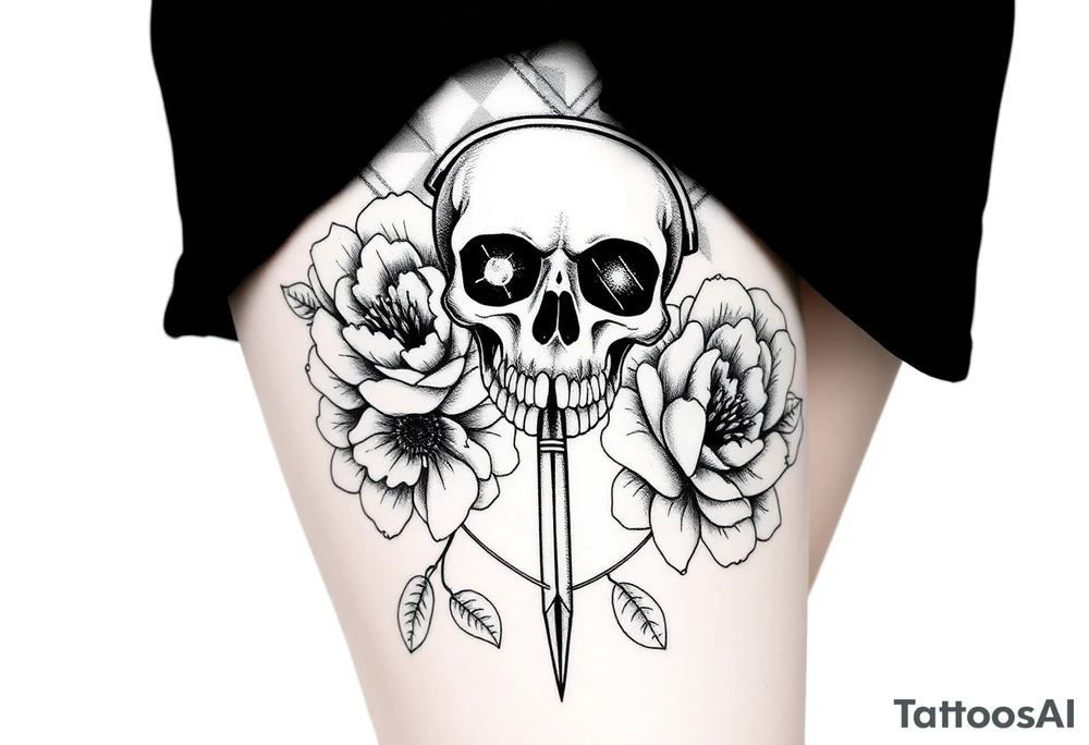 Pretty Nurse skull holding a needle with peonies and honey combs background tattoo idea