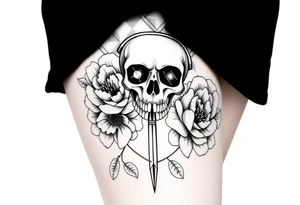 Pretty Nurse skull holding a needle with peonies and honey combs background tattoo idea