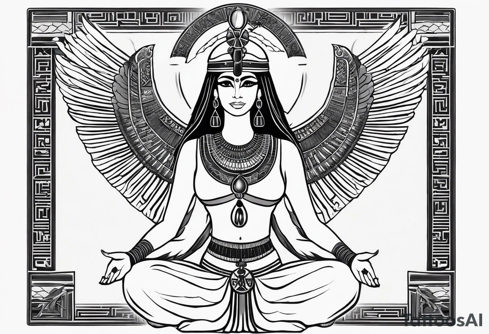 blank and white Egyptian goddess Isis, who is often depicted as a woman with outstretched wings, holding an ankh (a symbol of life) in one hand and a lotus flower in the other. Her headdress often includes a throne or a solar disk. The tattoo design can vary in style and size, but it typically aims to capture the essence of this revered Egyptian deity, emphasizing her beauty, power, and maternal qualities. The choice of colors and additional elements can also be customized to create a unique and visually striking representation of the goddess Isis tattoo idea