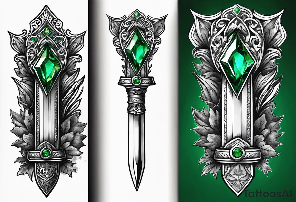 Athame dagger with an oak hilt turned upright and emerald gemstones tattoo idea