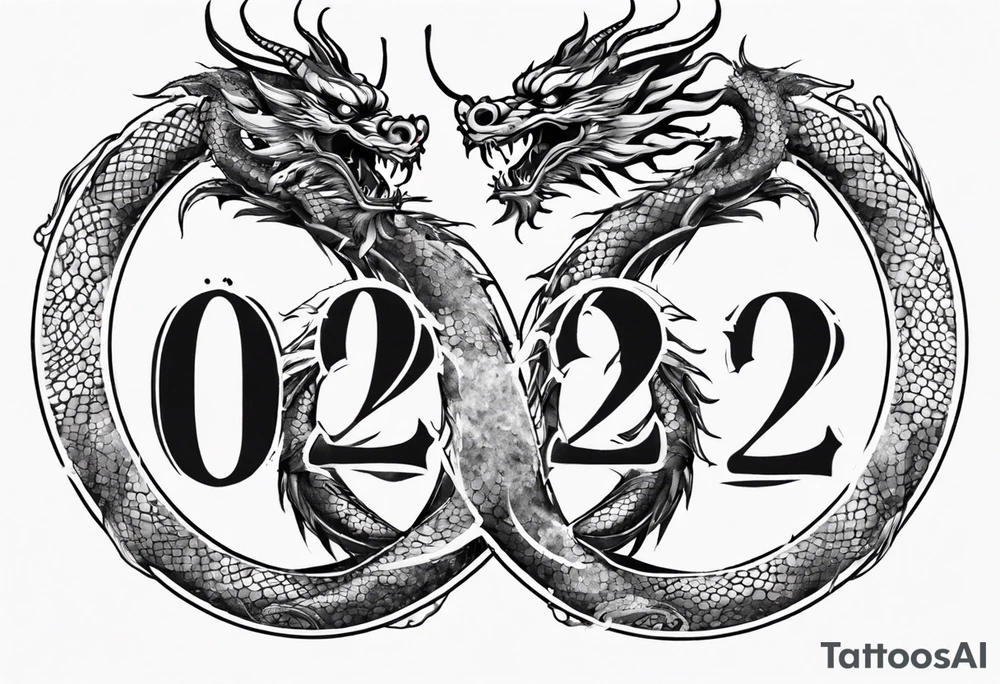 Chinese dragon in a circular shape with "02.03" written on its skin tattoo idea