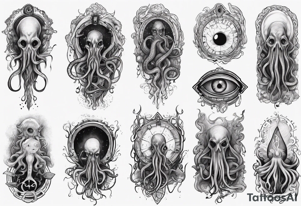 lovecraft long tattoo to put on the forearm, with eye and tentacle tattoo idea