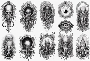 lovecraft long tattoo to put on the forearm, with eye and tentacle tattoo idea
